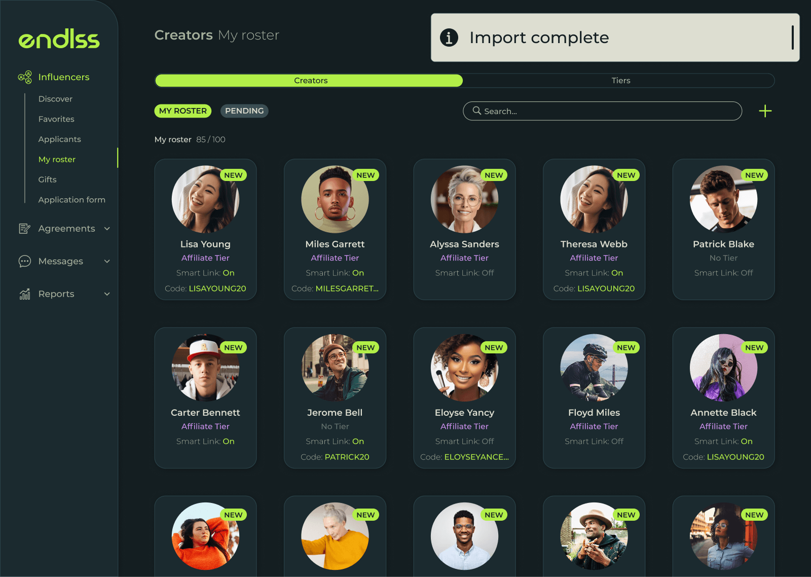 A creator roster imported into Endlss