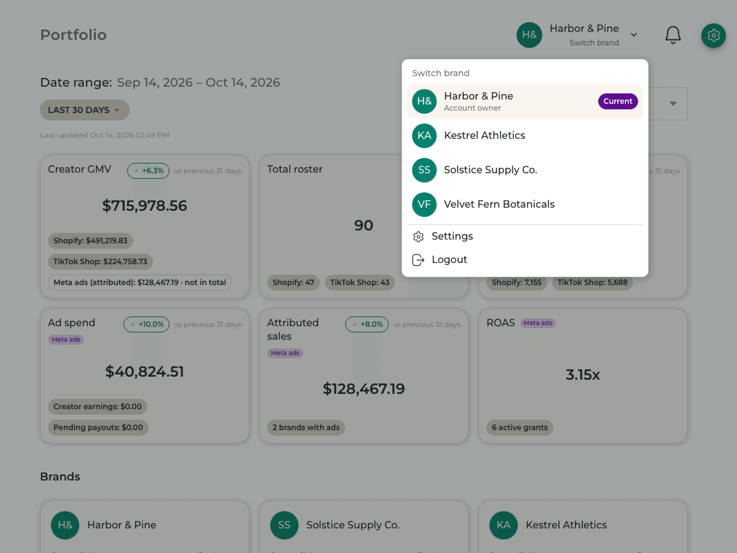 Switching between client brands from an agency portfolio in Endlss