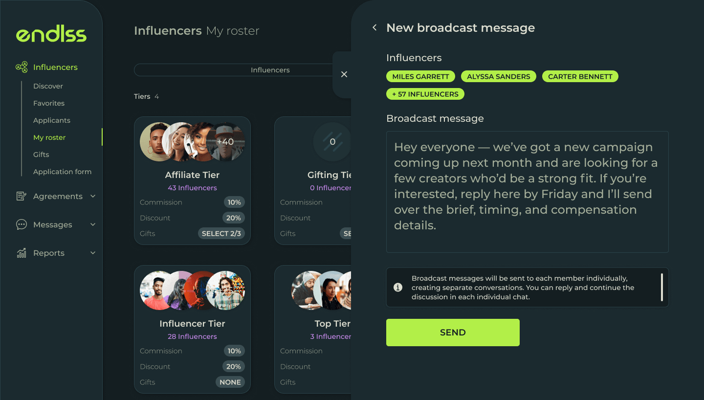 Bulk actions on a group of creators in Endlss