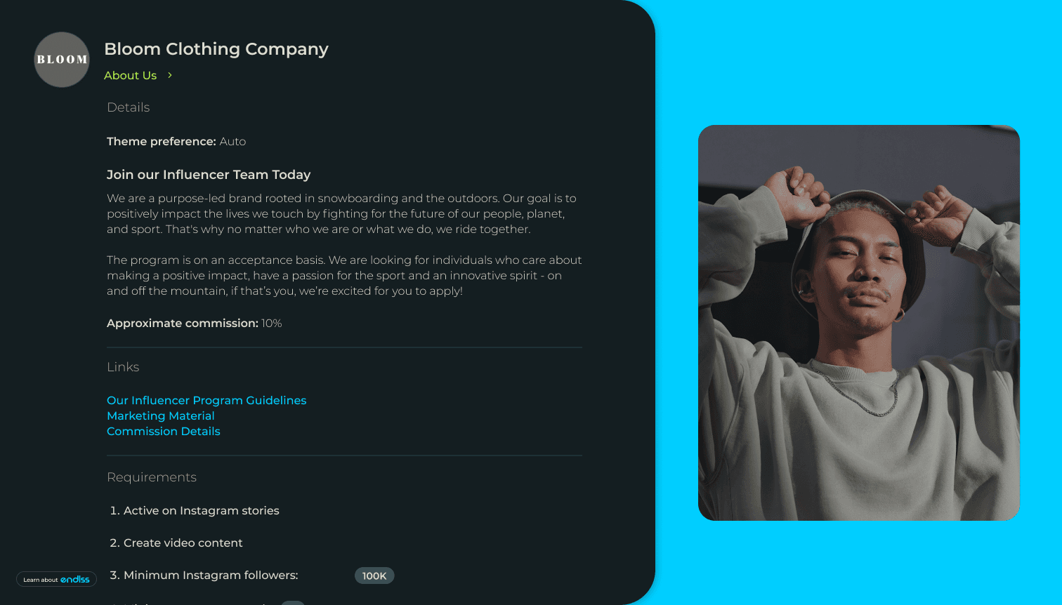 A branded creator application form in Endlss