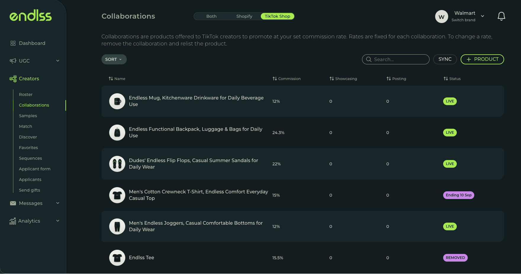 TikTok Shop collaborations in Endlss, with commission rates and status