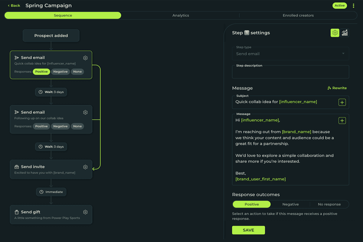Sequences — an automated recruitment flow with outreach steps, follow-ups, invites, and gifting