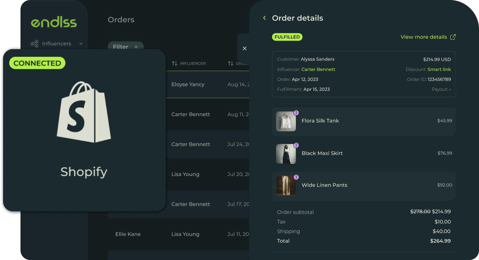 A Shopify order attributed to a creator in Endlss, with the store connected